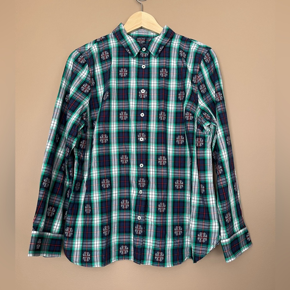 {Talbots} Classic Cotton Button Down in Snowflake Jacquard Plaid - Large Petite - Picture 1 of 9